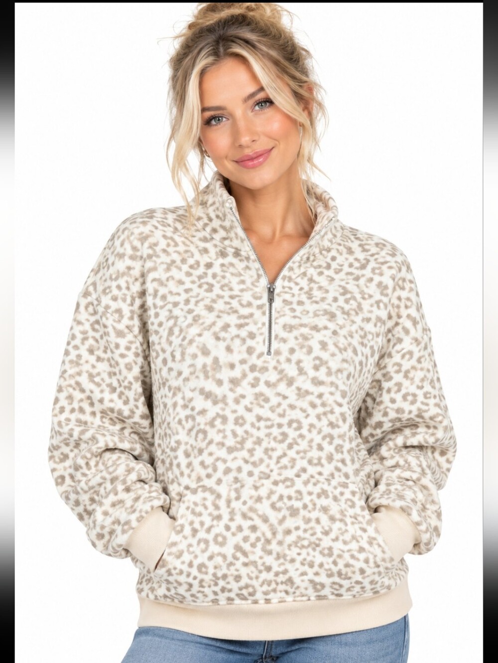 Nwt Original Use Unisex Cotton Leopard-Print Quarter-Zip Pullover Beige (Sz:xxL)